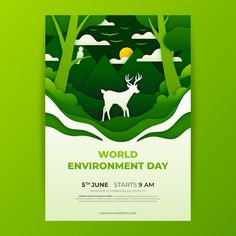 a poster for the world environment day with deer and trees in green tones on a white background