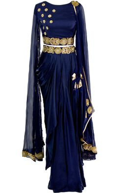 Saree is pre-stitched Saree is pre-pleated Saree is pre-made Stunning navy blue saree that has a pleated maxi skirt with floral motif work paired with cape-style cropped blouse. This set comes with sequin embellished drape! The fabric is modal satin and georgette. Designer Party Wear Pre-draped Saree For Eid, Silk Pre-draped Saree For Navratri Party, Evening Festive Saree Set, Designer Party Wear Sets With Traditional Drape, Bollywood Style Evening Saree Set, Silk Anarkali Traditional Evening Wear, Formal Pre-draped Resham Embroidery Saree For Navratri, Party Wear Saree Set For Evenings, Festive Pre-draped Maxi Length Georgette Saree