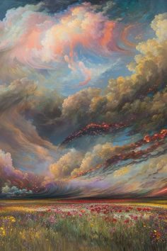 an oil painting of clouds over a field with wildflowers in the foreground