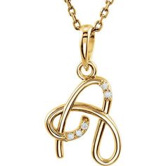 14k Yellow Gold 14k Rose Gold 14k White Gold or Sterling Silver .03 CTW Diamond Script Letter A Initial Alphabet Necklace 18 inches Custom Made Metal: 14k Gold or Sterling Silver Necklace Length: 18 inches Pendant or Charm: 19.9mm x 9.6mm (0.78 x 0.38 inch) Chain Width: 1mm Chain Type: Cable Chain Clasp: Spring Ring Clasp Each 14K Gold Pendant comes set with: Quantity Stone (For 14K GOLD) 5 pcs 01.00 MM (00.95 - 01.15) Full Cut, I1 ROUND FULL CUT G-H GENUINE DIAMOND Each Sterling Silver Pendant A Initial Necklace, A Initial, Alphabet Necklace, Diamond Initial Necklace, Pearl And Diamond Necklace, Gold Cufflinks, Rose Gold Pendant, Letter A, Yellow Gold Pendants