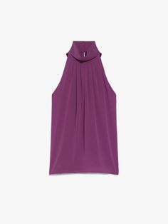 Find MAX MARA American Silk Top on Editorialist. Sleeveless top with halter neck, made of exquisite pure silk charmeuse. Unlined garment with a flowing line, featuring a soft pleated pattern on the front, high collar and small rounded side slits. Teardrop closure at the back with covered buttons at the rear of the collar. Elegant Silk Halter Neck Blouse, Purple Silk Top For Formal Occasions, Purple Silk Party Tops, Formal Purple Silk Top, Purple Silk Evening Top, Chic Purple Silk Top, Pleated Pattern, Pleated Blouse, Silk Charmeuse