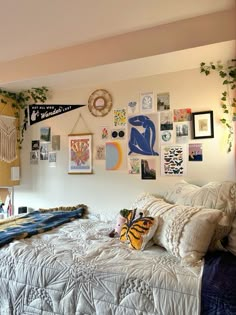 a bed sitting in a bedroom next to a wall with pictures on it and plants