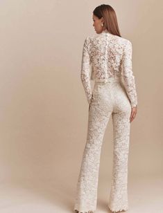 Val Pants - Mira Zwillinger Bridal Pants Outfit, Lace Pants Outfit Classy, White Lace Pants Outfit, Soiree Pants, Coat For Wedding, Lace Pants Outfit, Lace Suits, Bride Pants, White Lace Pants