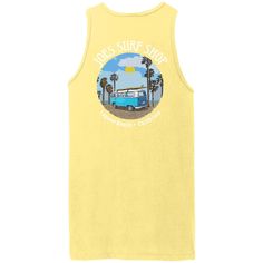 Catch the coastal breeze with Joe's Surf Bus Garment-Dyed Tank Top. Made from soft, breathable cotton, this surf shop tank top is perfect for those sun-soaked beach days and warm summer nights. The garment-dyed process gives it a unique, lived-in look that feels like an old favorite right away. Featuring a cool surf bus graphic that embodies the free-spirited beach lifestyle, this tank top is your go-to for laid-back adventures. Whether you're riding the waves or chilling with friends, Joe's Sur Beachwear Tops For Vacation In Warm Weather, Casual Sleeveless Tops For Vacation, Summer Cotton Racerback Tank Top, Sleeveless Cotton Tank Top For Beach Season, Vacation Beachwear Tops For Warm Weather, Beach Season Tank Tops For Vacation, Tank Tops For Beach Season Vacation, Tank Tops For Beach Vacation, Vacation Beach Tank Tops