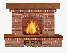 a brick fireplace with fire and logs