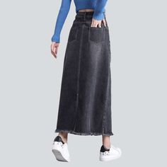 Revive the Nineties with our 2023 Autumn Collection grey long denim skirt a classic ageless reimagined for a couture wardrobe!Why It's Destined to Be Your New FavoriteThis skirt is a masterful blend of vintage charm and contemporary grace. Its medium wash. high waist and extended length exude timeless elegance. making it a must-have for vogue-forward wardrobes.Exquisite Features: A-line Silhouette: Crafted with a flattering A-line cut. this skirt skims your curves. offering both trend and comfor Straight Leg Skirt With Frayed Hem For Fall, Spring Washed Black Denim Skirt With Pockets, Gray Denim Skirt For Spring, Trendy Gray Denim Skirt, Gray Frayed Hem Jeans For Spring, Washed Black Denim Skirt For Spring, Gray Jeans With Frayed Hem For Spring, Spring Washed Black Denim Skirt, Gray Trendy Denim Skirt For Spring