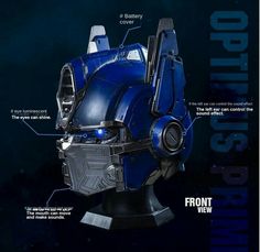 an image of a blue robot head with parts labeled on it's back side