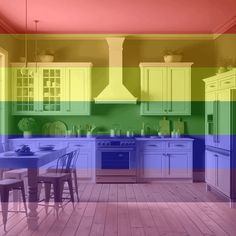 an image of a kitchen that is painted in rainbow colors and has chairs around the table