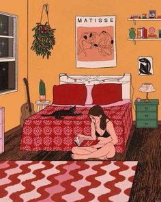 a painting of a woman sitting on the floor reading a book in a bedroom with orange walls