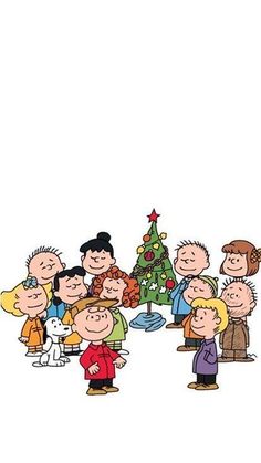 a group of cartoon characters standing in front of a christmas tree