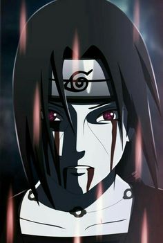 an anime character with black hair and red eyes looking at the camera, in front of a dark background