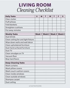 the living room cleaning checklist is shown in this graphic file, which shows how to do