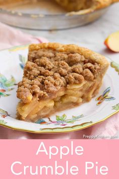 a slice of apple crumble pie on a plate