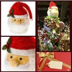 three pictures of santa claus and other christmas decorations