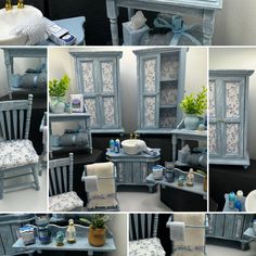 a collage of photos with blue furniture and accessories in various stages of being displayed