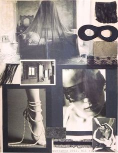 a collage of black and white photos with pearls, beads, eyeglasses, and a mask