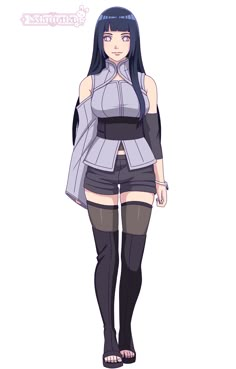 an anime character with long black hair, wearing tight stockings and thigh high boots is standing in