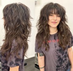 Round Fringe Hairstyles, Long Shag Haircut Back View, Chunky Layers With Bangs, 70s Shag No Bangs, Long Wolf Cut With Bangs Wavy Hair, Wavy Alternative Hair, Modern Scene Haircut, Shag Haircut Unstyled, Emo Haircuts Long Choppy Layers