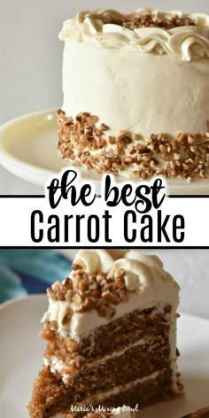 the best carrot cake with cream cheese frosting and chopped walnuts on top is shown