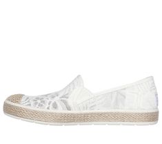 Bring on the sunny days in style and comfort with BOBS from Skechers Flexpadrille Luxe - Sheer Joy. This casual espadrille flat features a tropical floral lace upper with twin gore panels, crochet knit cap toe detail, jute midsole trim, and a cushioned Skechers Memory Foam insole. For every BOBS purchase, a donation is made to animals in need. | Skechers Women's BOBS Flexpadrille Luxe - Sheer Joy Slip-On Shoes | Medium Width | Skechers Memory Foam cushioned comfort insole | Crafted with 100% veg Summer Beach Slip-ons With Textured Sole, White Slip-ons For Beach In Spring, White Textile Espadrilles For The Beach, White Textile Espadrilles For Beach, Textile Slip-on Espadrilles For Beach, White Textile Espadrilles For Vacation, Textile Slip-ons With Textured Sole For The Beach, Comfortable White Textile Espadrilles, White Textile Comfortable Espadrilles