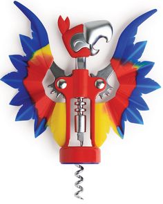 a multicolored bird shaped corkscrew with two wrenches on it's back