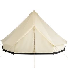 a large white tent with black trim on the front and side walls, set up against a white background