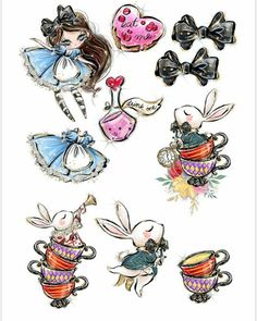 some stickers that are on the side of a white sheet with an image of rabbits in teacups