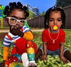 two children are sitting on the grass with pacifier in their mouth and one is wearing glasses