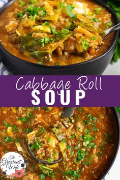 cabbage soup in a black bowl with spoons and parsley on the side text reads cabbage roll soup