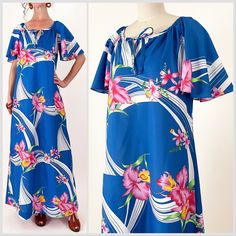 "80s Hilo Hattie royal blue Hawaiian maxi dress. Relaxed silhouette, tie-neck and flutter sleeves. Lightweight, smooth woven fabric. In great vintage condition - please see photos.  All measurements are taken with the garment laying flat and doubled for the bust, waist, and hips.  Bust: 41\" Waist: 41.5\" Hips: 49\" Shoulder to Shoulder: no shoulder seam Length (shoulder to hem): 56\" Label: Hilo Hattie Material: Polyester Size on Tag: S Approx. Fit: S/M/L depending on desired fit  Some garments Horse Vintage, Dress Royal Blue, Kaftan Maxi Dress, Dress Royal, Dresses Royal, Blue Hawaiian, Royal Blue Dresses