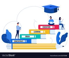 people are sitting on books with graduation caps above them and the words education, learning, brain