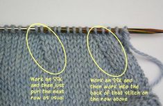 an image of two knitting stitches with the words work out and then work into the next stitch