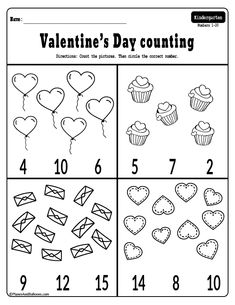 valentine's day counting worksheet with hearts and cupcakes on it