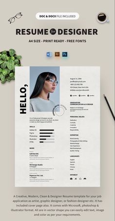 a clean and modern resume template with an image on the front, side and back