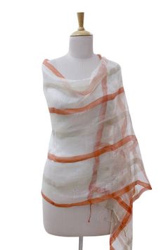 The soft draping textures of this silk scarf accessorize with mystical elegance. By Khitish the off-white scarf is woven on a traditional loom featuring parallel bands in bright orange and subtle beige. Shawl Draping, White Scarves, White And Orange, Silk Shawl, Premium Gift, Red Silk, Free Gift Wrapping, Traditional Techniques, Bright Orange