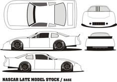 a paper model of a white car with black stripes and numbers on the front, back, and side views