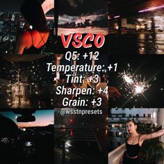 a collage of photos with the words vsco on it and fireworks in the background