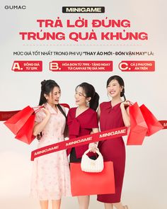 three women holding red shopping bags in front of a white background with the words, tra loi bung trung qua khun