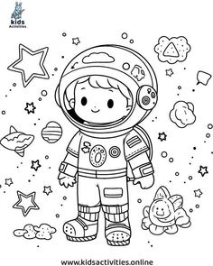 an astronaut is standing in space with stars and clouds around him, outlined on a white background