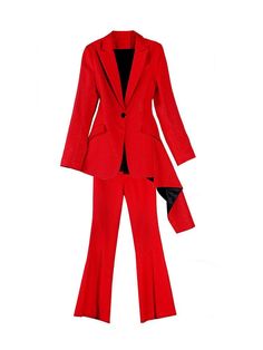 Be the best-dressed woman in the room with these red flared pant suits. The luxurious silk fabric is not only comfortable but also makes a statement. The long sleeve length and flared pants are perfect for a variety of body types and the casual style can be dressed up or down. Pantsuit For Women, Ladies Trouser Suits, Red Flare, Trouser Suit, Women Suits, Suit Pattern, Pant Suits, Business Formal, Formal Suits