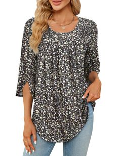 PRICES MAY VARY. Features:3/4 length sleeve/pleats front/curved hem/floral print/trendy and elegant/tunic tops for women loose fit dressy/tunics or tops to wear with leggings 3/4 Split Sleeve: The sleeves design of this woman tunic top adds a touch of elegance to your outfit, while it allows you to move your arms freely with less constraint. Pleated Front: Women's 3/4 sleeve tops with pleats on the front, which is flattering and flowing to hide the stomach without the appearance of being pregnan Black Floral Print Stretch Tops, Spring Casual Tunic With 3/4 Sleeves, Dressy Tunic Tops, Casual Spring Tunic With 3/4 Sleeves, Green Floral Print V-neck Tunic, Blouse Size Chart, Flowy Tunic, Black Floral Print Top With 3/4 Sleeves, Loose Fit Shirts