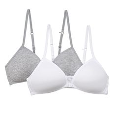 Refresh her basics with the classic style and all-day comfort of these girls' SO wire free front-closure bras. Refresh her basics with the classic style and all-day comfort of these girls' SO wire free front-closure bras. Click on this KIDS APPAREL & SHOES GUIDE to find the perfect fit and more! 2 pack Molded foam cups Wire free Front clasp Adjustable straps convert to racerbackFABRIC & CARE Cotton, spandex Machine wash Imported Size: 32 A. Color: Heather Gray White. Gender: female. Pattern: Solid.