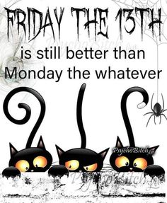 three black cats with glowing eyes and spider webs on them, saying friday the 13th is still better than monday the whatever