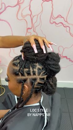 Women’s Updo Loc Styles, Loc Styles Two Ponytails, Wedding Locs Hairstyles For Women, Loc Style Long Hair, Bday Loc Styles, Dreads Styles For Women Ponytail, Exotic Loc Styles, Long Loc Updo Styles Women, Loc Styles For Girls Kids