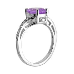 A genuine amethyst stone and diamond accents adorn this sterling silver ring for understated elegance. Click on this JEWELRY & WATCHES GUIDE to learn about fit, styles, materials and more!Ring Details: Width: .4-in. Metal: sterling silver Gemstone Details: Gemstone type: genuine amethyst Cut: oval Setting: prong Diamond Details: Carat total weight: .01 Cut: round Color: I-J Clarity: I2-I3 Setting: prong    Gemstones may have been treated to enhance their appearance. Special care may be required. Amethyst Diamond Ring With Accents, Fine Jewelry, Amethyst Diamond Ring With Accents In Fine Jewelry Style, Fine Jewelry Amethyst Diamond Ring With Accents, Elegant Amethyst Ring With Gemstone Accents For Promise, Fine Jewelry Purple Rings With Diamond Accents, Elegant Oval Amethyst Ring With Diamond Accents, Oval Amethyst Ring With Diamond Accents For Anniversary, White Gold Amethyst Ring With Diamond And Gemstone Accents, Anniversary Oval Amethyst Ring With Diamond Accents