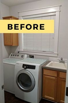 a washer and dryer sitting in a kitchen next to a window with the words before written on it