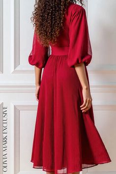 Olivia Mark - Elegant Vibrant Red Midi Dress with Puffed Sleeves and Wrap Front Winter Puff Sleeve Dress In Solid Color, Red Midi Dress With Gathered Sleeves, Red Ruched Midi Dress With Puff Sleeves, Chic Red Puff Sleeve Midi Dress, Chic Red Midi Dress With Puff Sleeves, Winter Dresses With Puff Sleeves, Red Pleated Dresses For Winter, Chic Red Dress With Pleated Sleeves, Red Pleated Dress For Winter