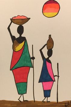 a drawing of two women carrying items on their heads