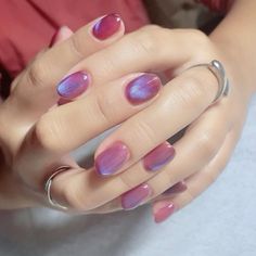 Velvet Dip Nails, Iridescent Cat Eye Nails, Short Nails Cat Eye, Jelly Cat Eye Nails, Blue And Pink Nails, Magnetic Nails, Eye Nails, Work Nails