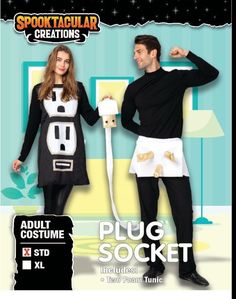 a man and woman in costume standing next to each other with the words plug socket on them